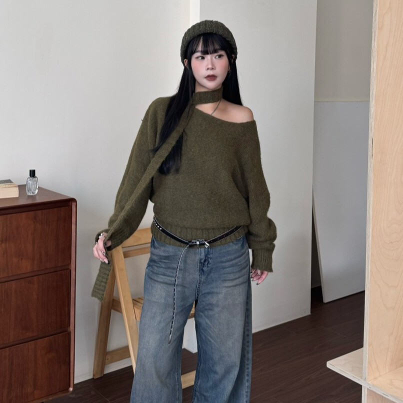 月光寶盒⛲️羅紋拼斜肩接下縮毛衣(繞脖固定)