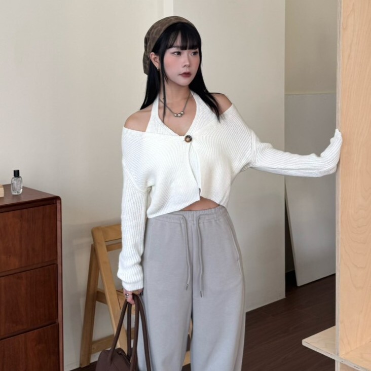 溫柔可視 假兩件短版單釦針織衣