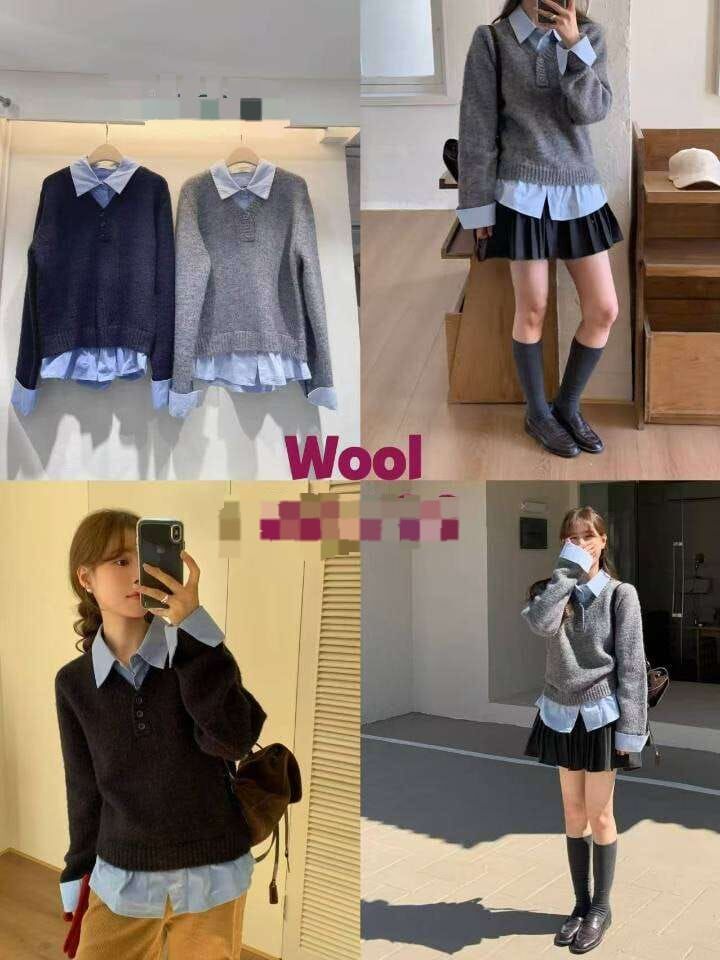 CC17 假兩件混羊毛針織恤衫 *特價*