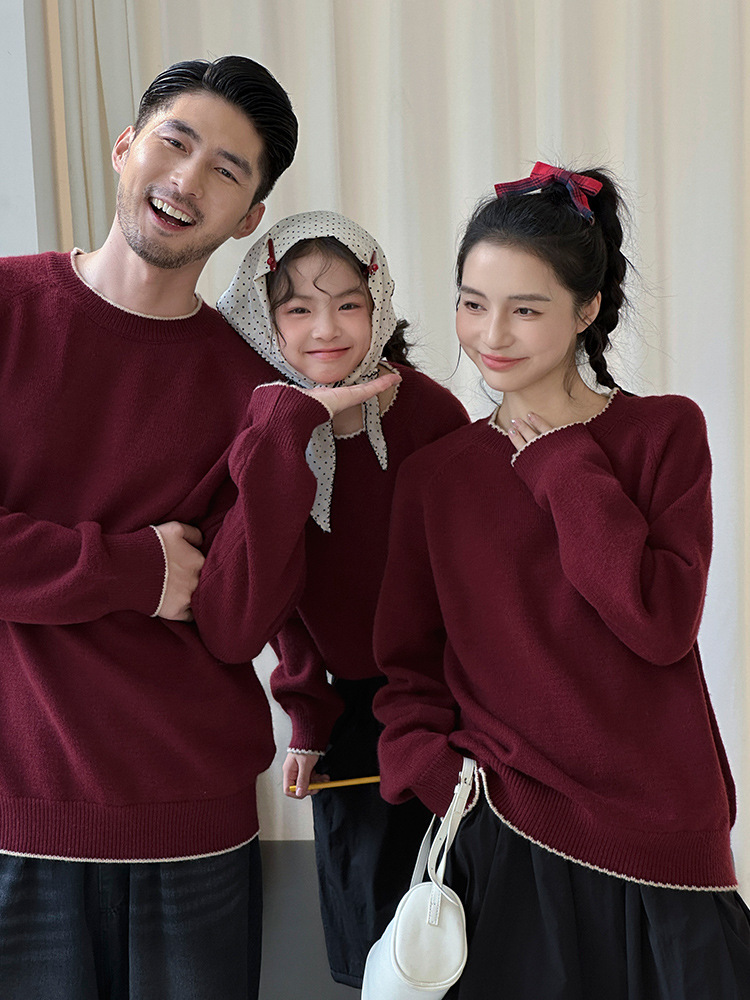 白色滾邊棗紅親子針織上衣(80-150/S-2XL)