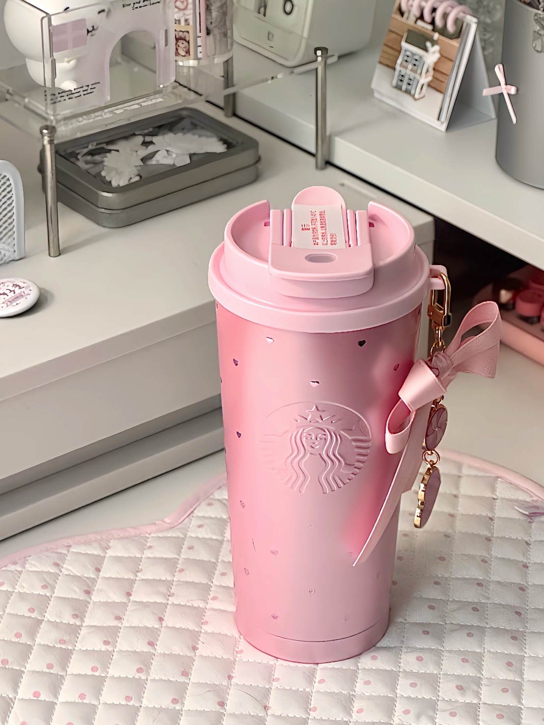 STARBUCKS 星巴克 愛心 雙飲口 保溫杯 粉色 配掛件 480ML