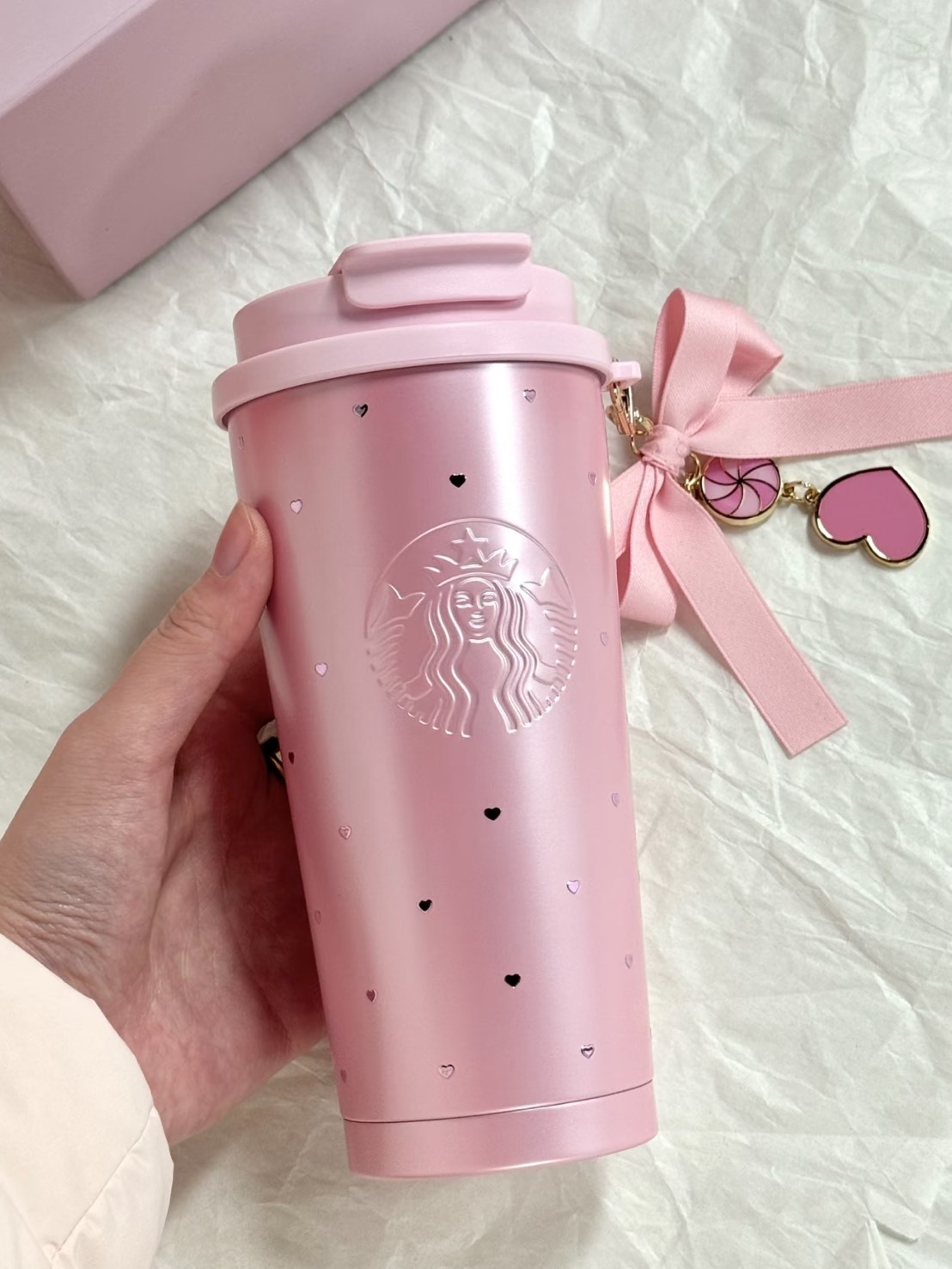 STARBUCKS 星巴克 愛心 雙飲口 保溫杯 粉色 配掛件 480ML