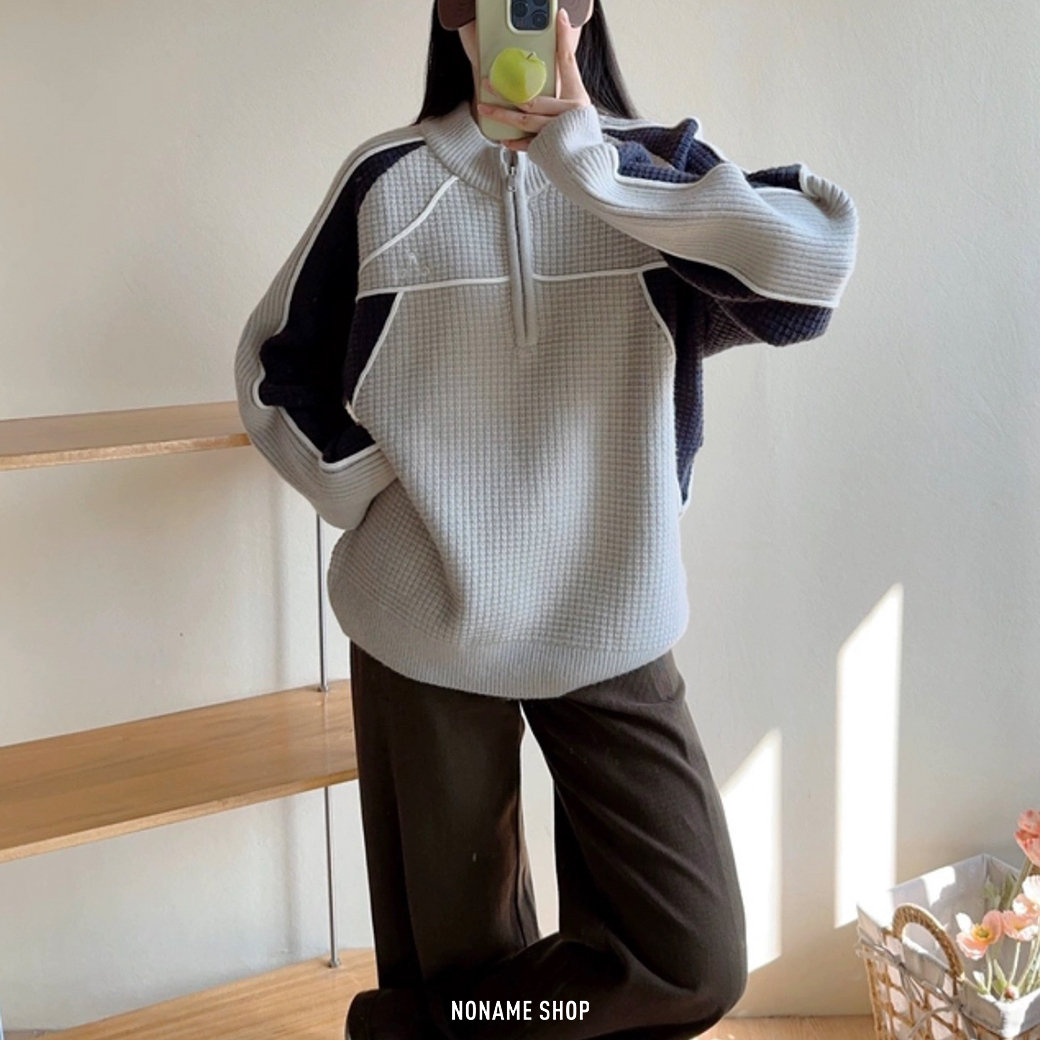 FPA 半拉鍊 拼接 復古 情侶 毛衣 四色 (男/女同款)