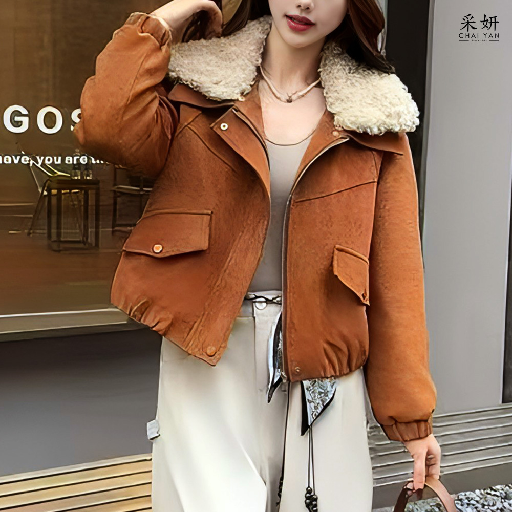 可拆毛領麂皮拉鍊鋪棉外套