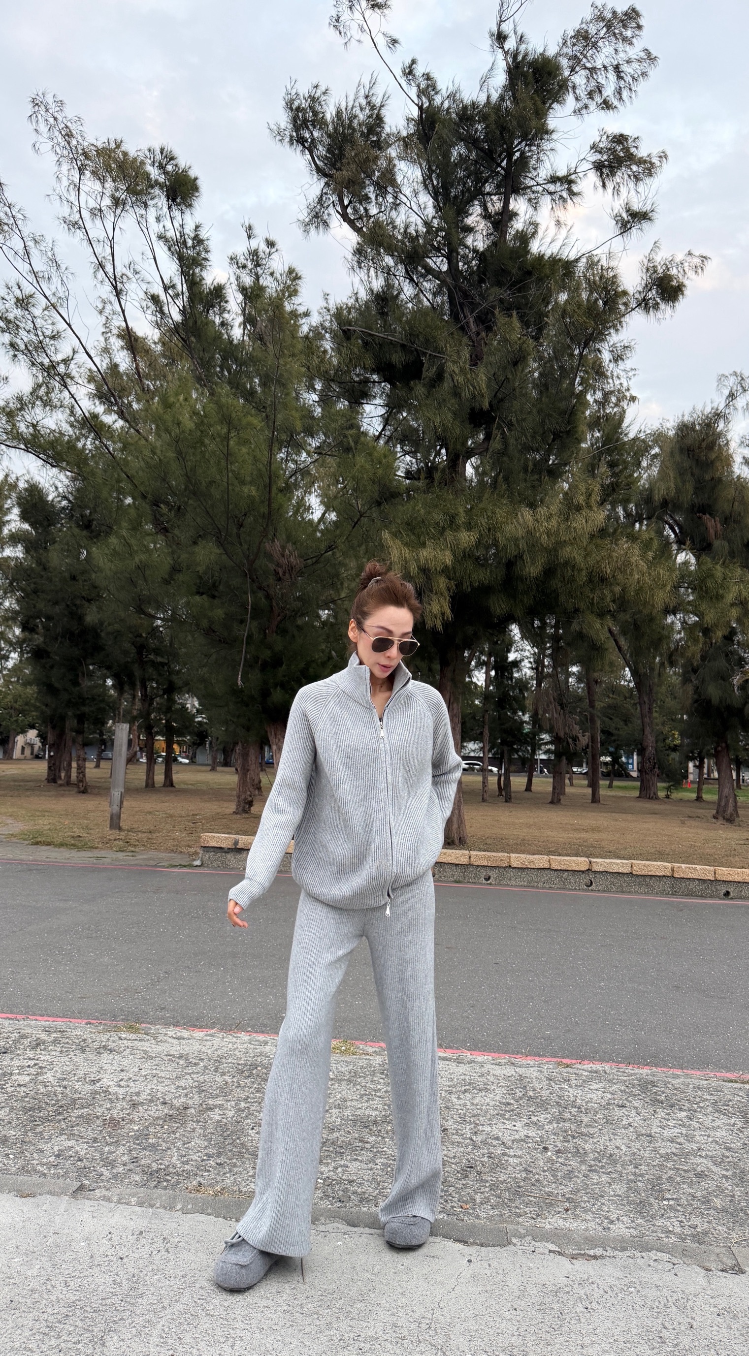 立領休閒螺紋針織套裝