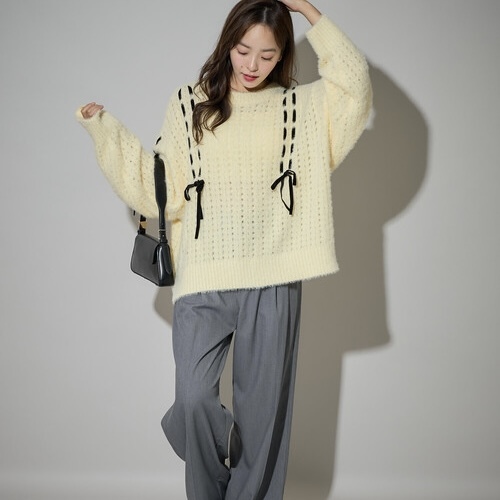 PUBLUX 絲絨 緞帶蝴蝶結 針織上衣 長袖 造型 共四色 日本代購 97287595