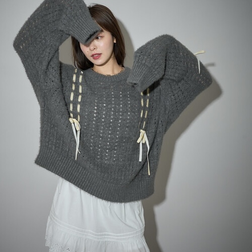 PUBLUX 絲絨 緞帶蝴蝶結 針織上衣 長袖 造型 共四色 日本代購 97287595