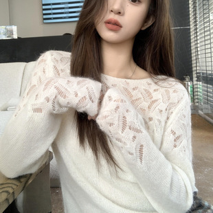 優雅休閒 簍空針織上衣(灰/白)