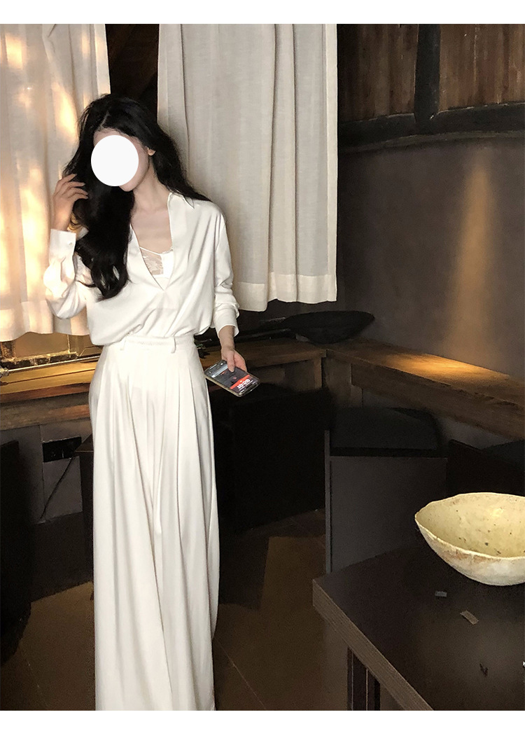 氣質女神 寬版襯衫+高腰寬褲(3件組)