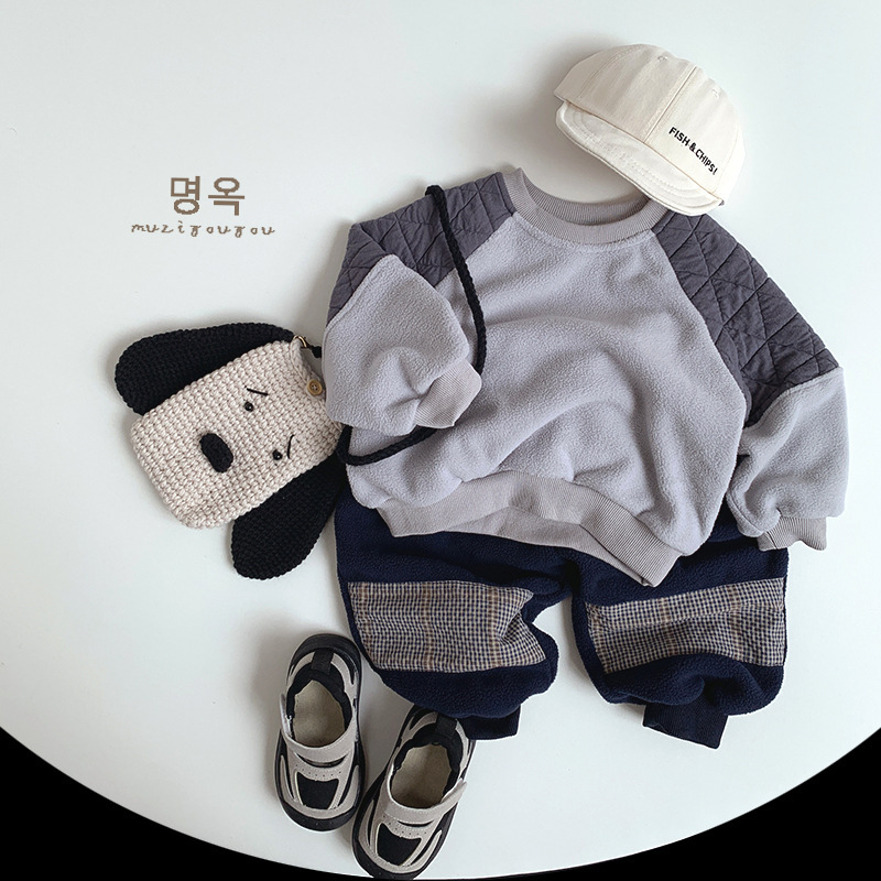 【H0108】ins韓系拼接圓領加絨衛衣(80-130)