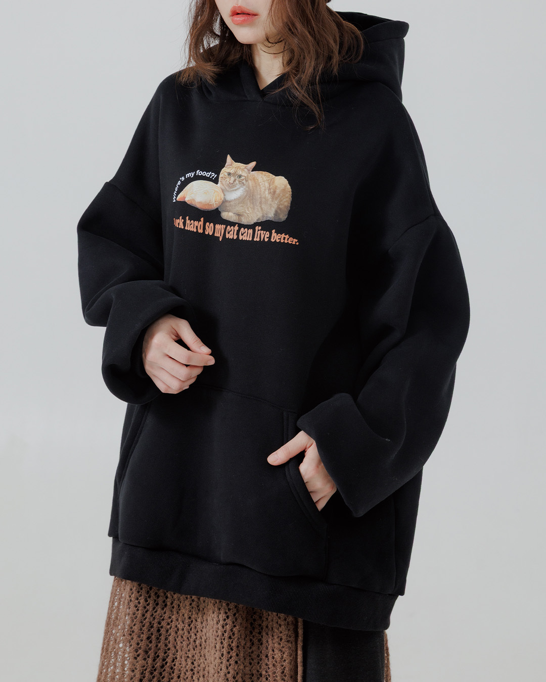 Cat print wide-leg hooded sweatshirt with inner brushed fur【01099529】in stock+pre-order