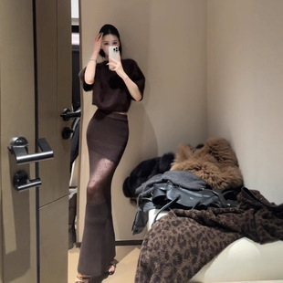 慵懶性感 透膚長裙+馬海毛上衣(2件組)