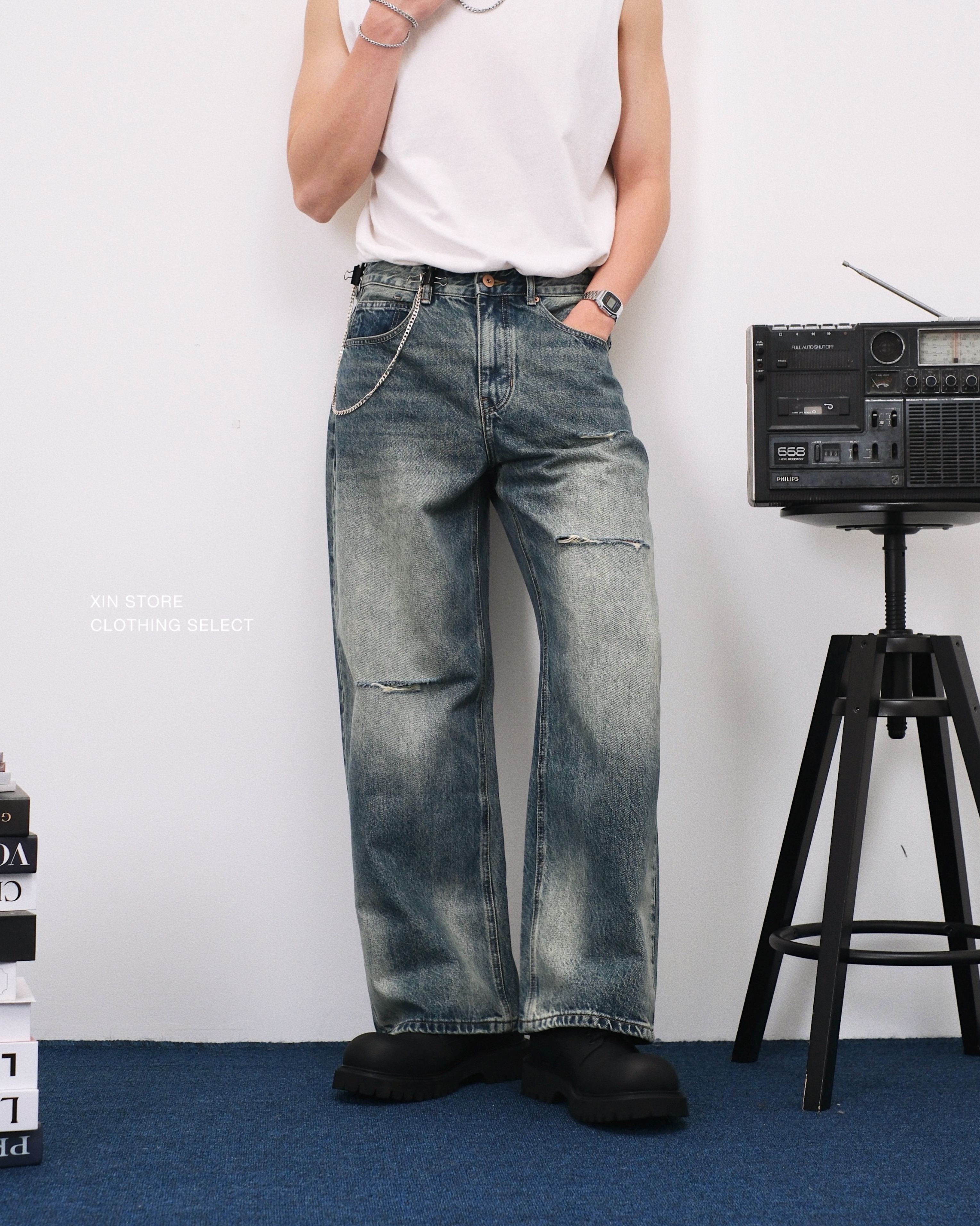 <補貨降價⚡️>IVORY Ripped Straight Pants 直筒 水洗 刷破 牛仔褲 寬褲 水洗藍【Z8539】