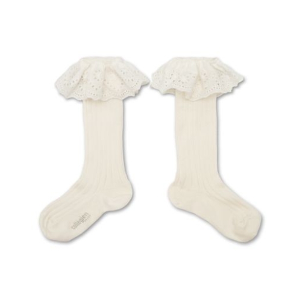 (預購) COLLEGIEN 螺紋蕾絲中筒襪 Sixtine - 908 Blanc Neige 雪白