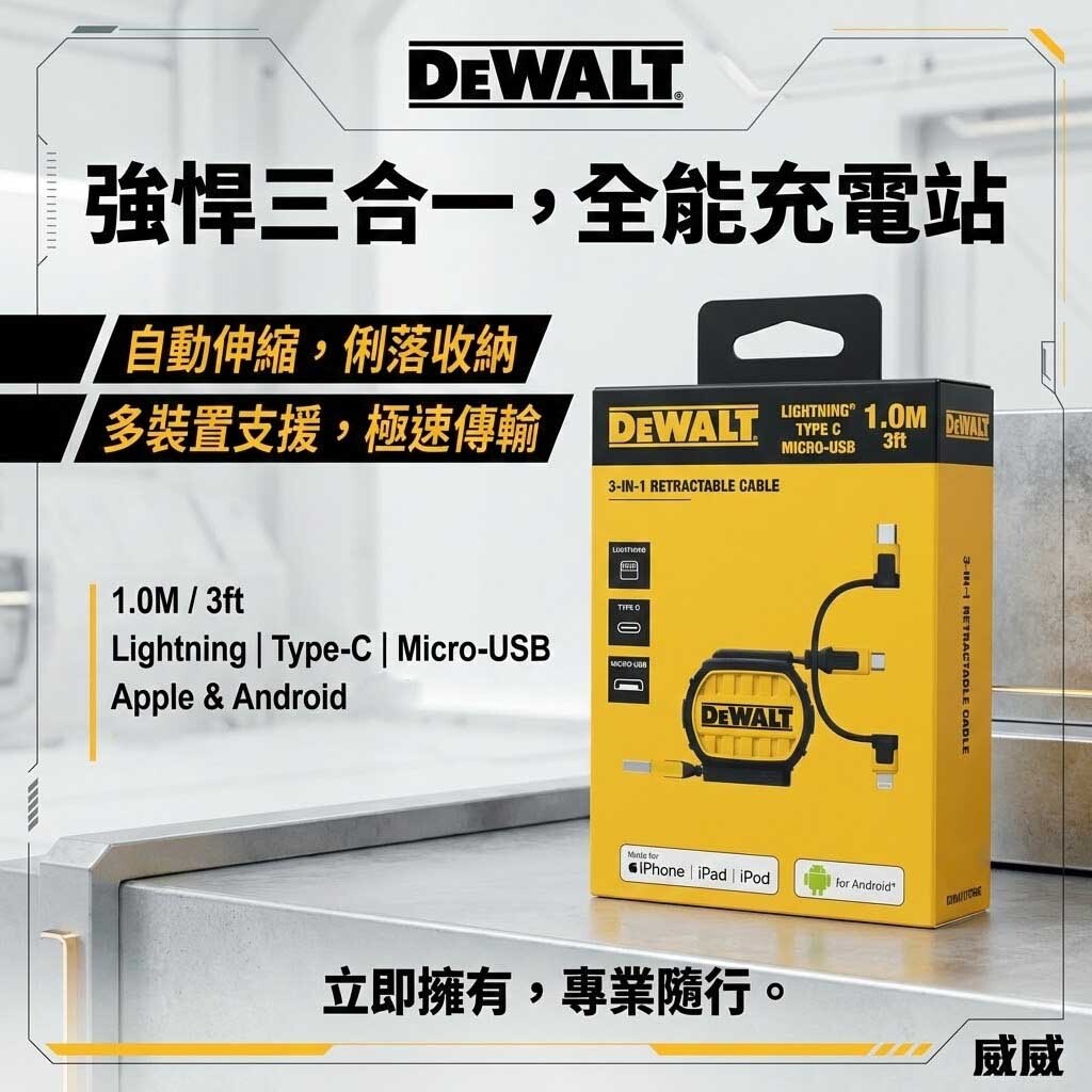 DEWALT 得偉 美國｜3合1 可伸縮充電線 1M｜Lightning / Type-C / Micro-USB｜DXMA1311364E