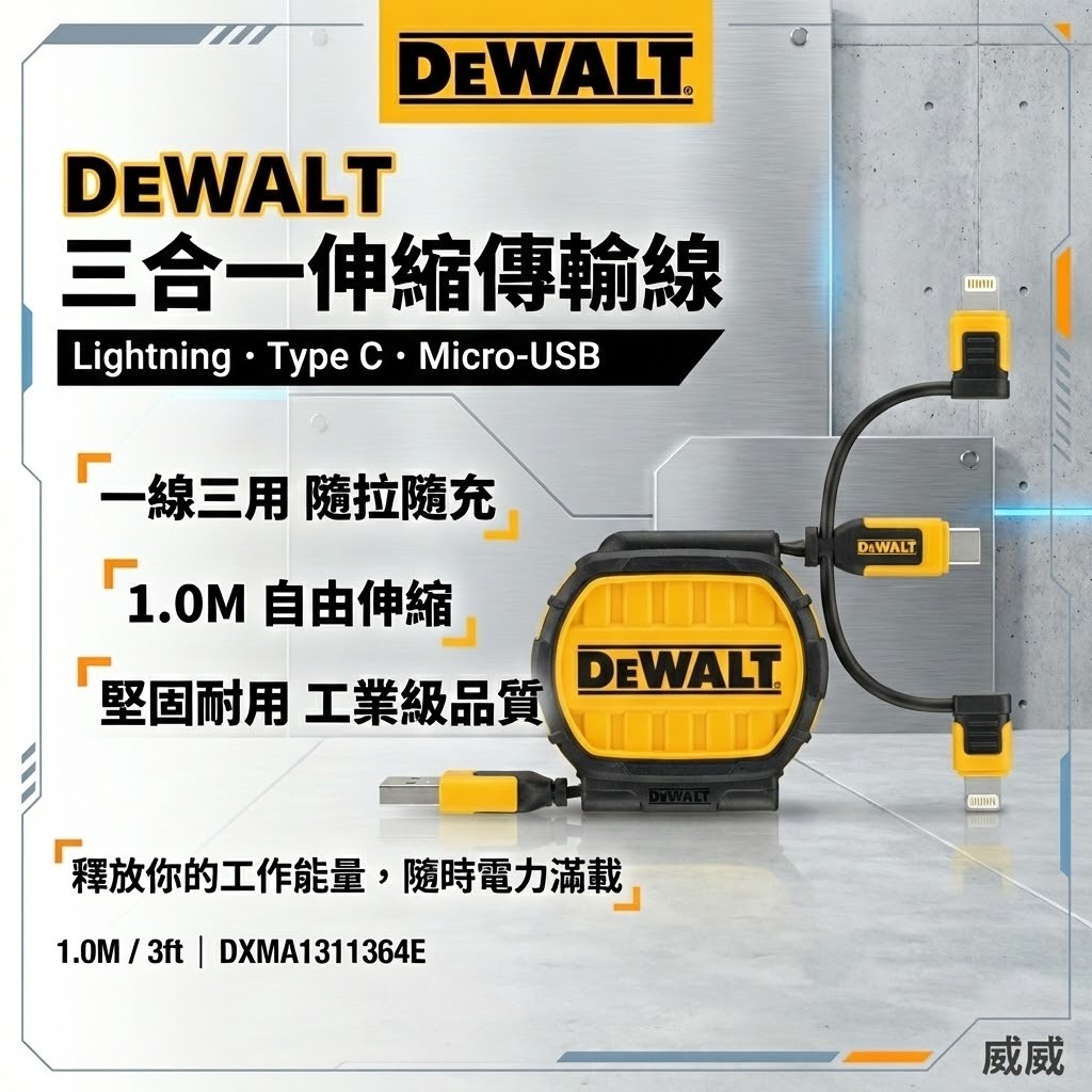 DEWALT 得偉 美國｜3合1 可伸縮充電線 1M｜Lightning / Type-C / Micro-USB｜DXMA1311364E