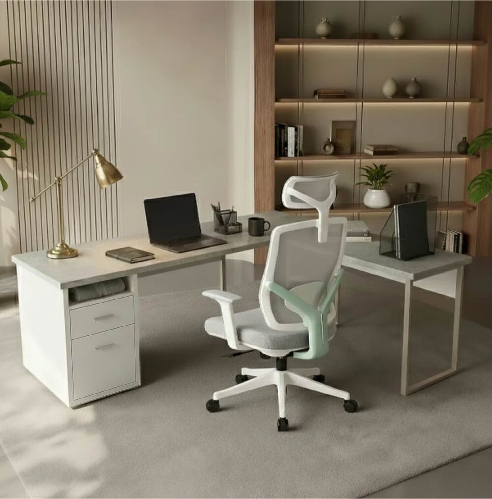 康迪仕摩登L型書桌-清水模+白色