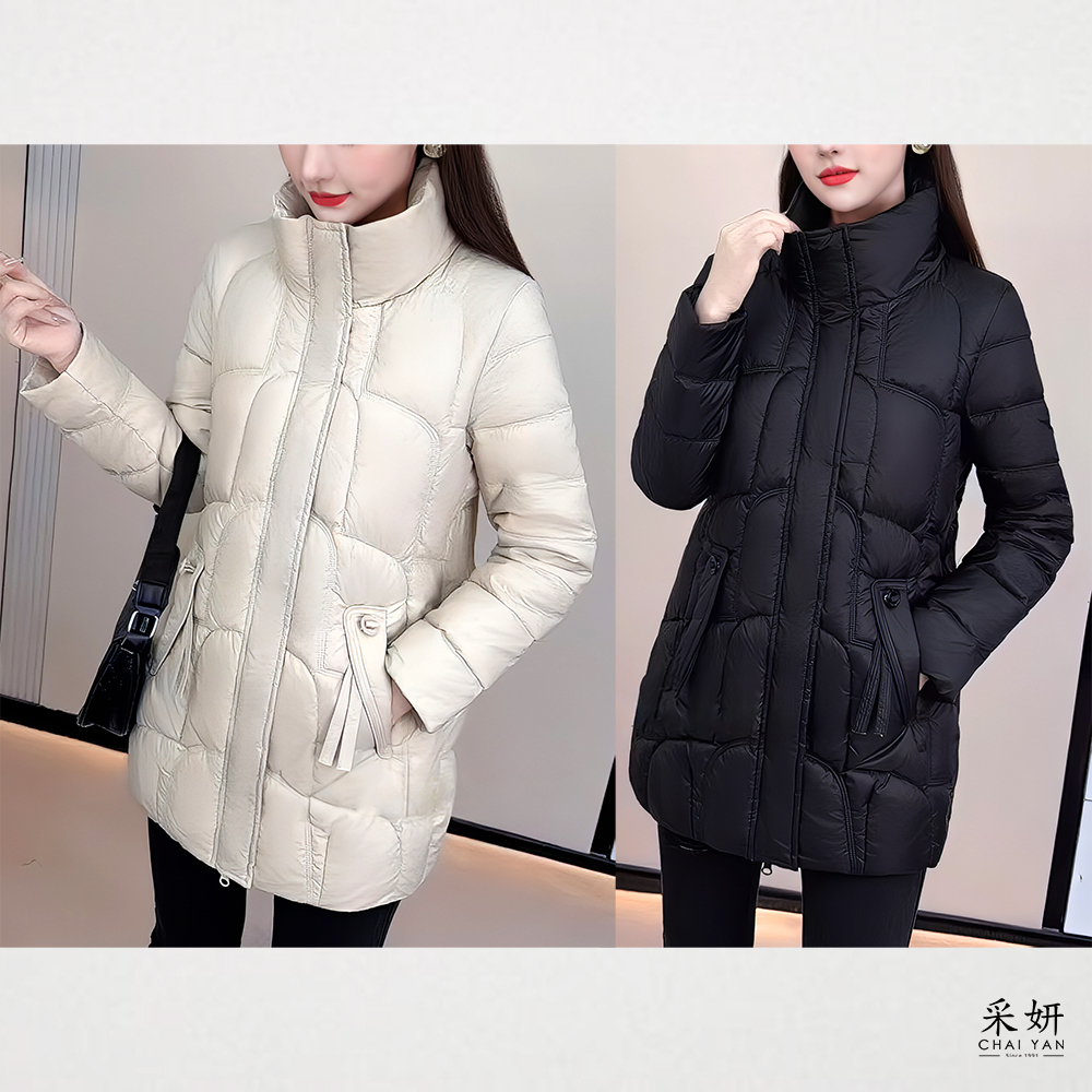 壓釦拉鍊長版立領鋪棉外套