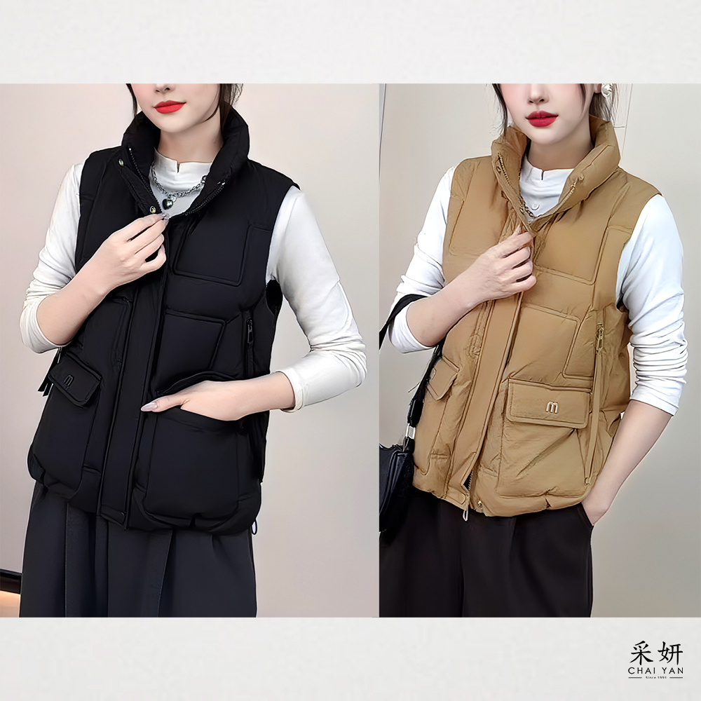 假口袋方形壓紋鋪棉背心