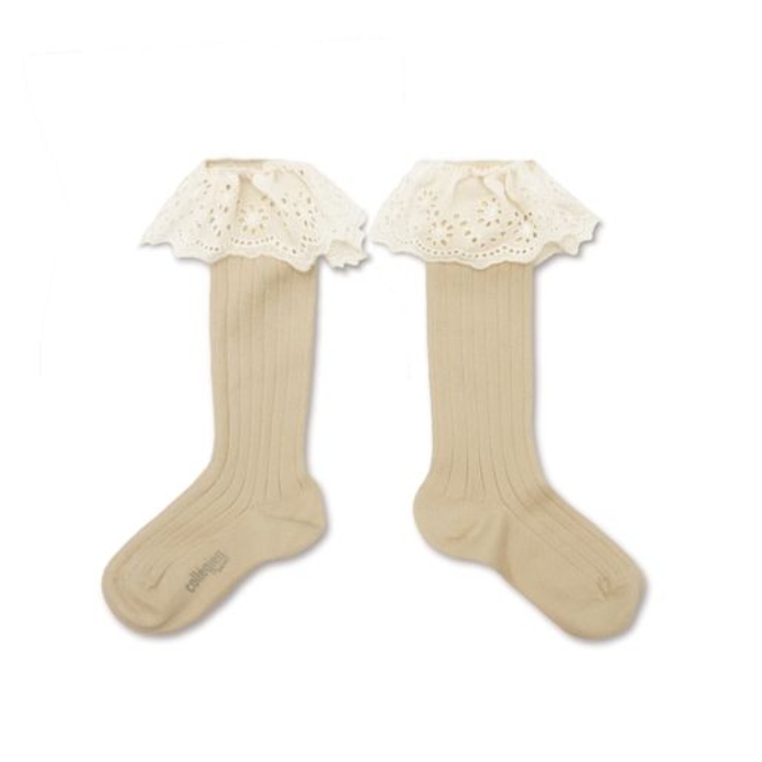 (預購) COLLEGIEN 螺紋蕾絲中筒襪 Sixtine - 037 Doux Agneaux 米白
