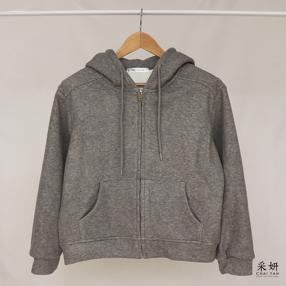 素色刷絨連帽拉繩外套