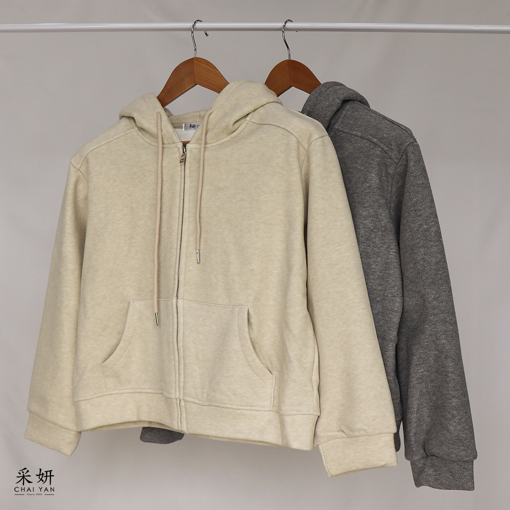 素色刷絨連帽拉繩外套