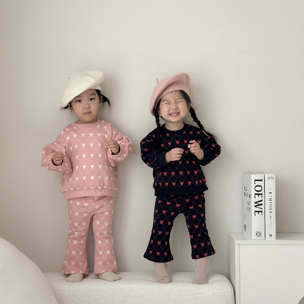 韓國🇰🇷Moran 愛心菱格紋喇叭褲套裝(S-XL)