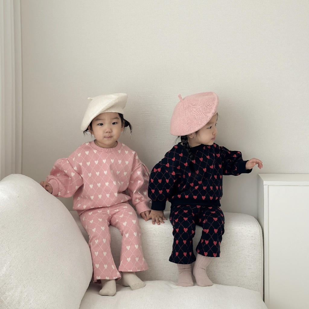 韓國🇰🇷Moran 愛心菱格紋喇叭褲套裝(S-XL)