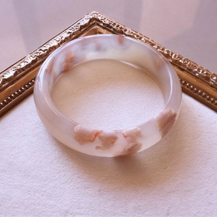 【天然石水晶手鐲】圈口尺寸60以上 收藏級✨花型明顯冰潤乾淨條圈 櫻花瑪瑙