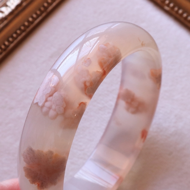 【天然石水晶手鐲】圈口尺寸60以上 收藏級✨花型明顯冰潤乾淨條圈 櫻花瑪瑙