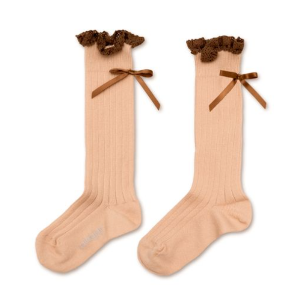 (預購) COLLEGIEN 螺紋蕾絲邊蝴蝶結中筒襪 Domitille - 590 Sorbet 冰淇淋粉