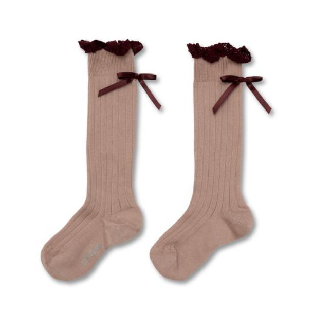 (預購) COLLEGIEN 螺紋蕾絲邊蝴蝶結中筒襪 Domitille - 331 Vieux Rose 復古粉