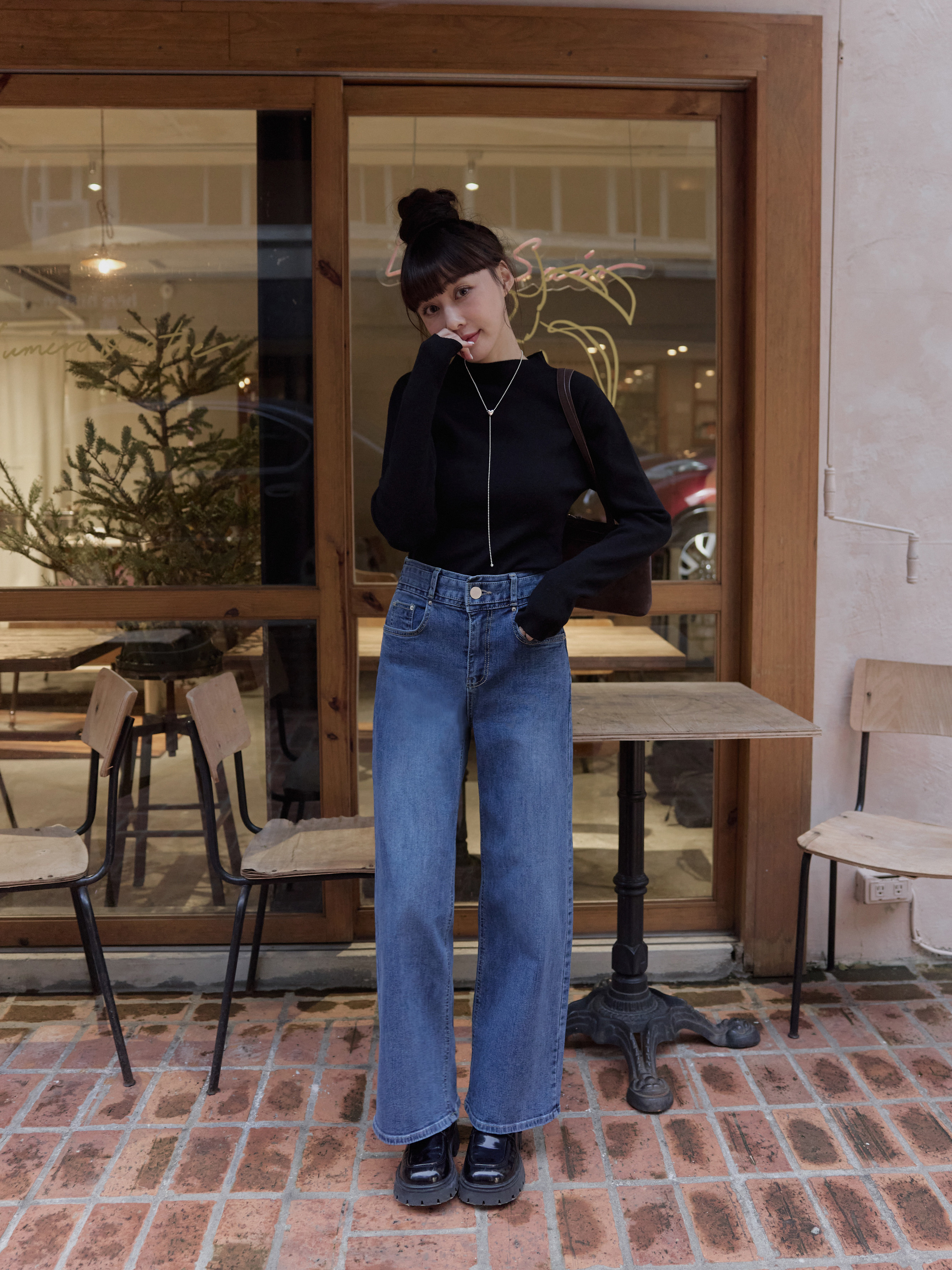 梨形推薦 牛仔彈性大長腿落地褲
