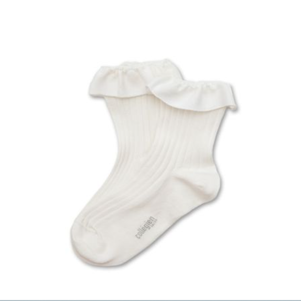 (預購) COLLEGIEN 螺紋荷葉邊短襪 Ludivine - 908 Blanc Neige 雪白