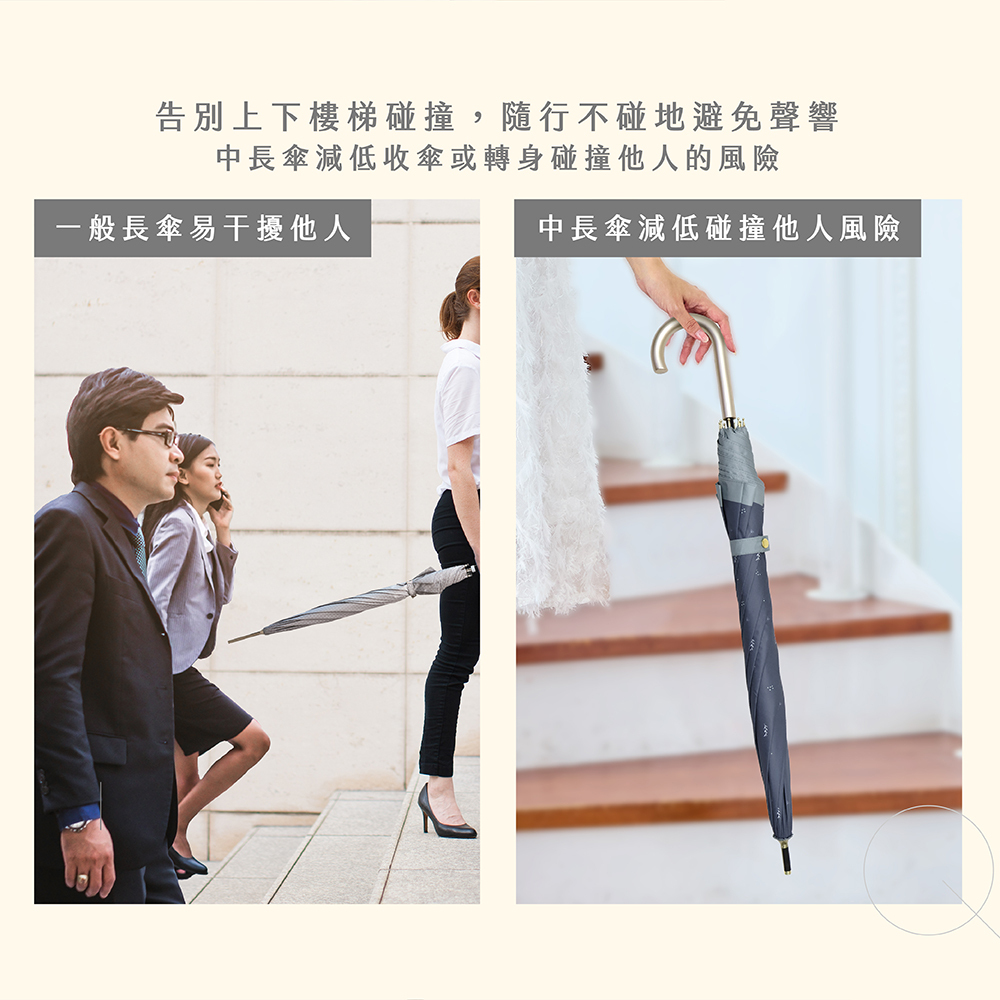 圖左為一般長傘易干擾他人。圖右為21吋防曬中長傘日系花影，中長傘減低碰撞他人風險