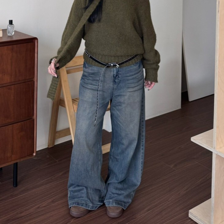 拓霧咖啡館 微彎刀刷色牛仔褲