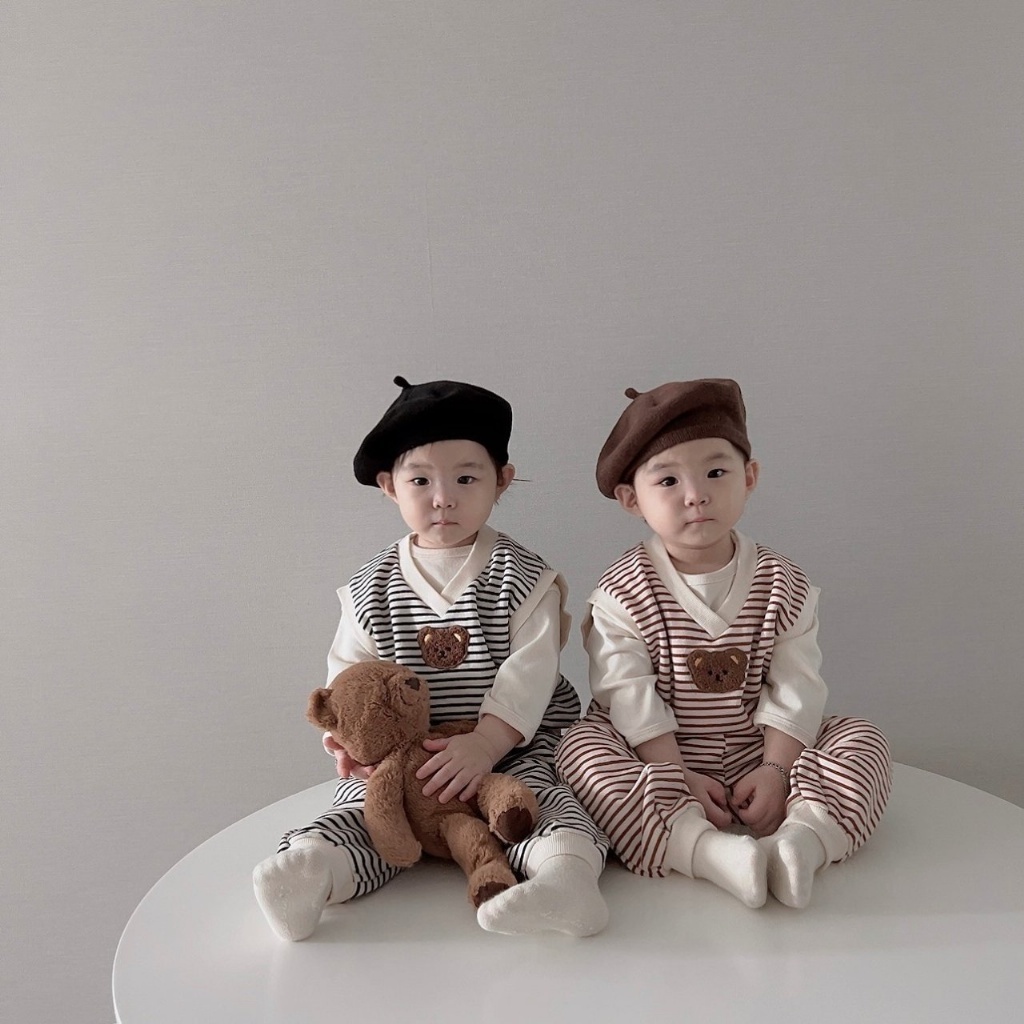 韓國🇰🇷Moran 條紋熊熊V領背心套裝(S-L)