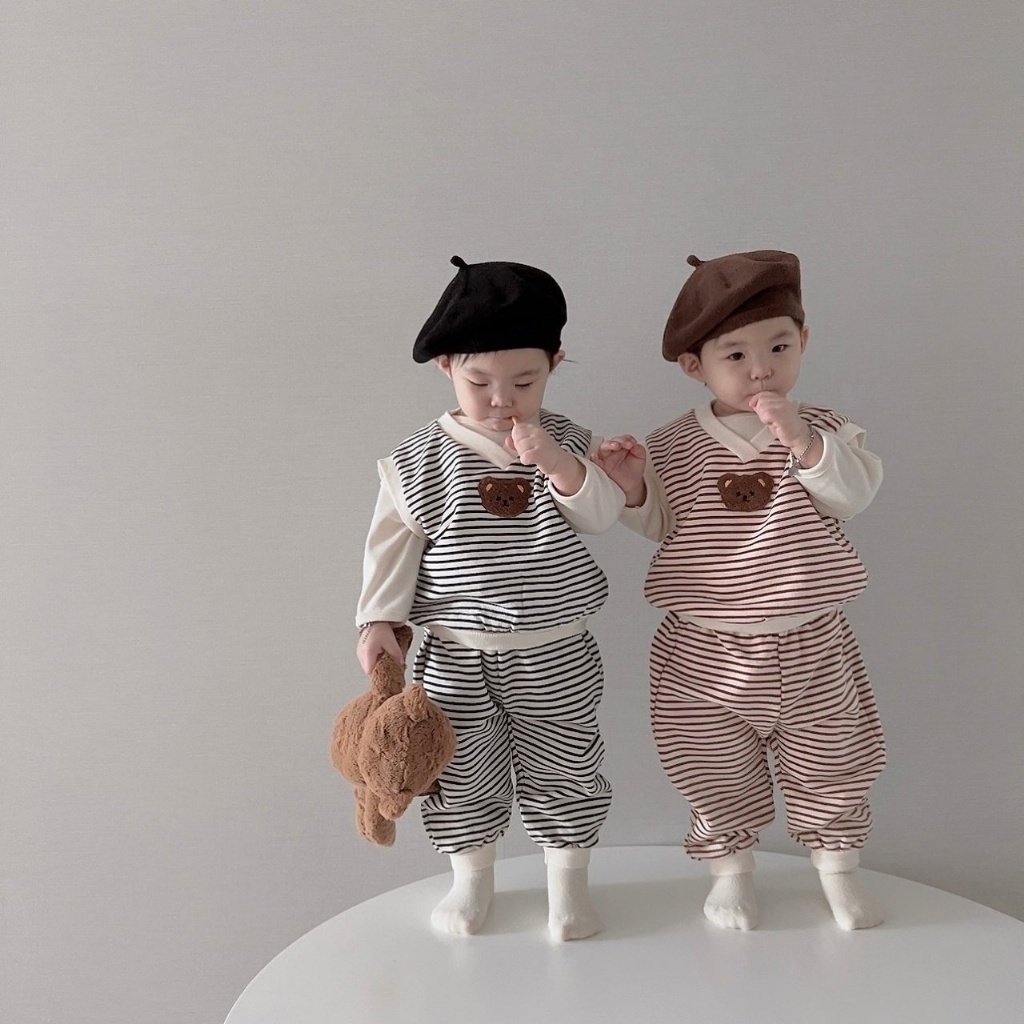 韓國🇰🇷Moran 條紋熊熊V領背心套裝(S-L)