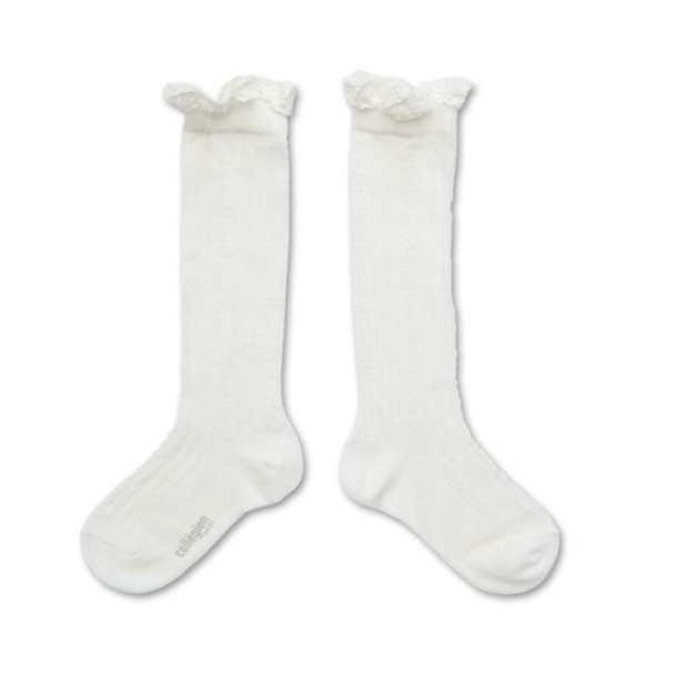 (預購) COLLEGIEN 幾何縷空蕾絲邊長襪 Marie-Anaïs - 908 Blanc Neige 雪白