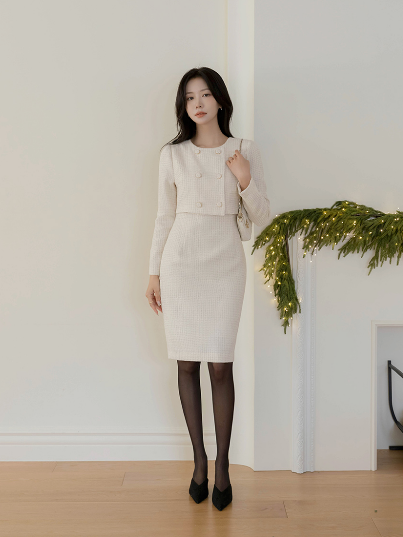 Noemie 粗花呢假兩件包臀洋裝 [ 2色 / S,M,L ]