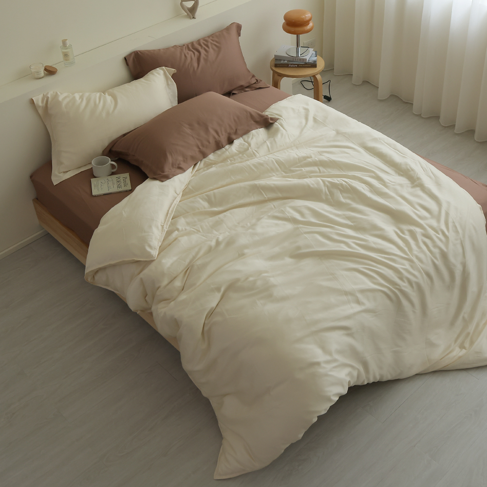 60支天絲｜100%萊賽爾｜雙色配｜榛果棕ｘ奶霜白 榛果奶霜