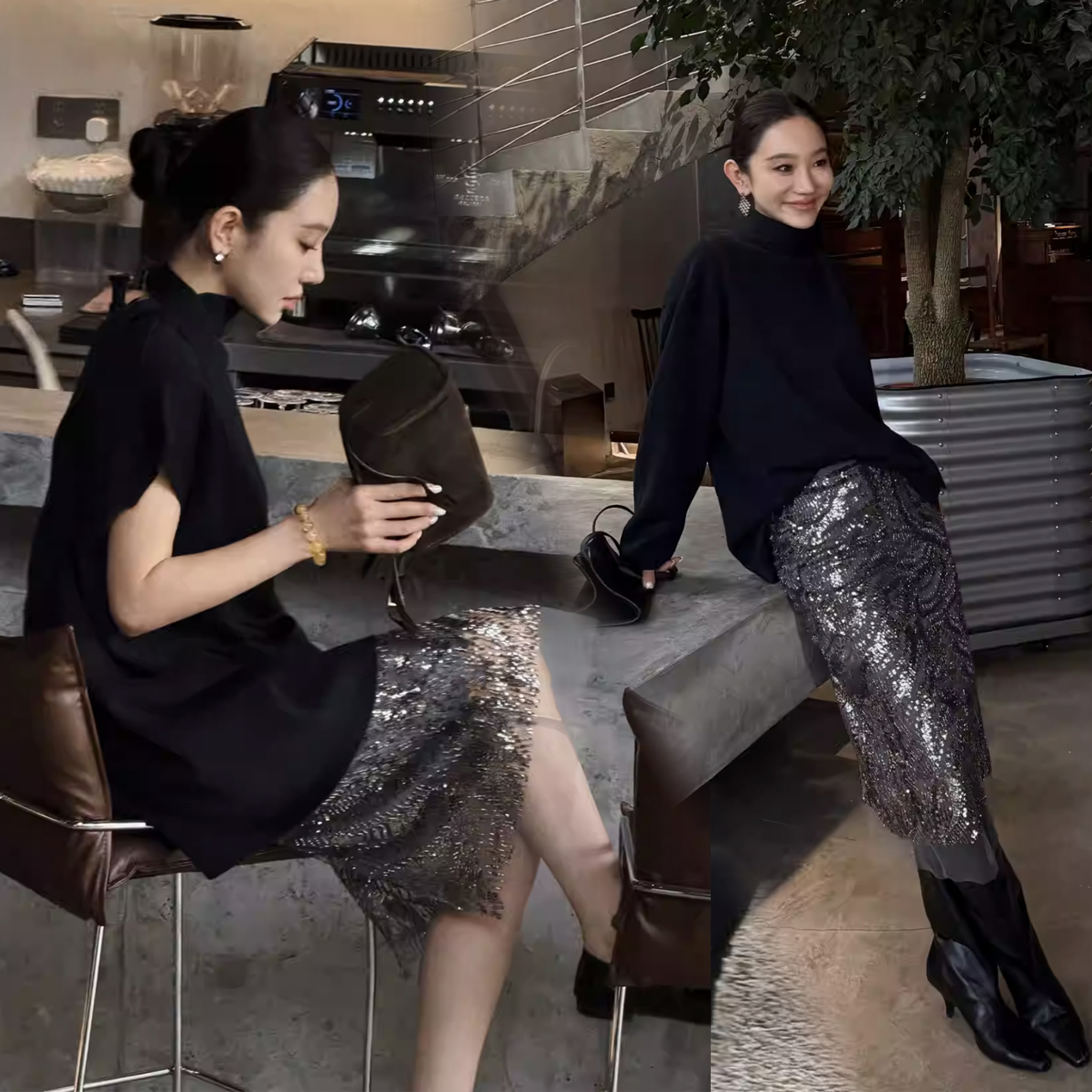 神秘灰銀色系閃閃亮片鉛筆裙長裙-S-L (Elegant & Love)