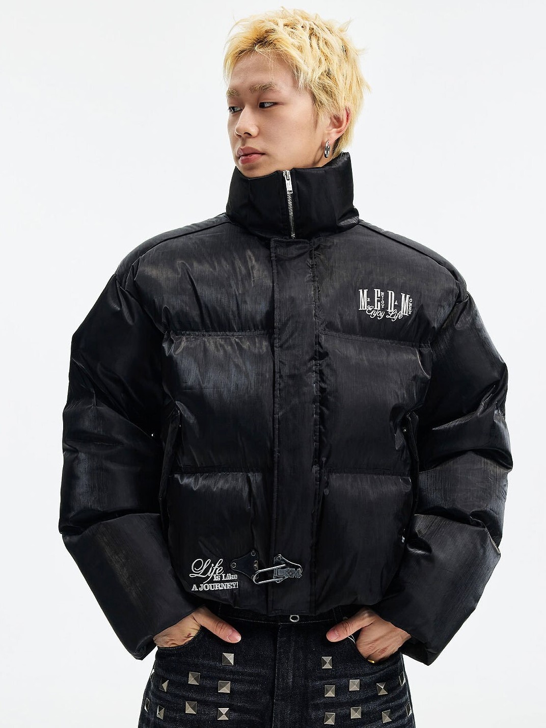 MEDM 暗黑風 液態金屬 胸前下擺Logo 鴨絨保暖 羽絨外套