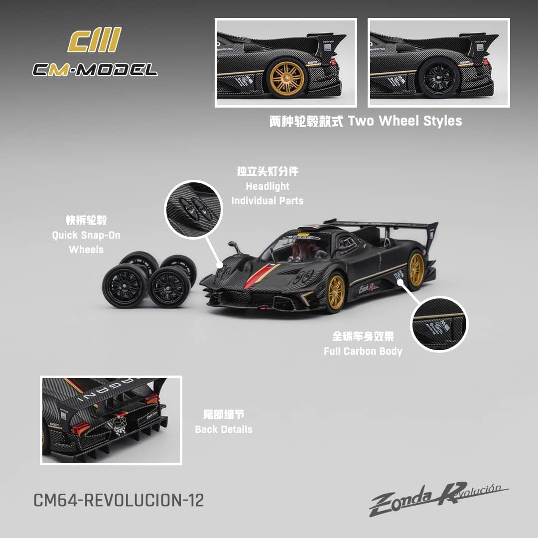 PO-$180 * CM MODEL * 1:64 PAGANI ZONDA R EVOLUCION TRACK VERSION BLACK DRYCARBON