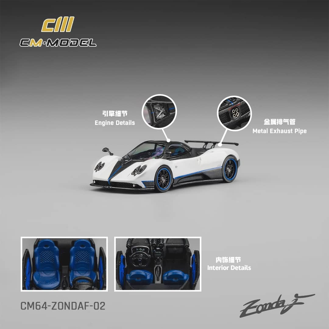 PO-$170 * CM MODEL * 1:64 PAGANI ZONDA F PEARL WHITE WITH BLUE STRIPS