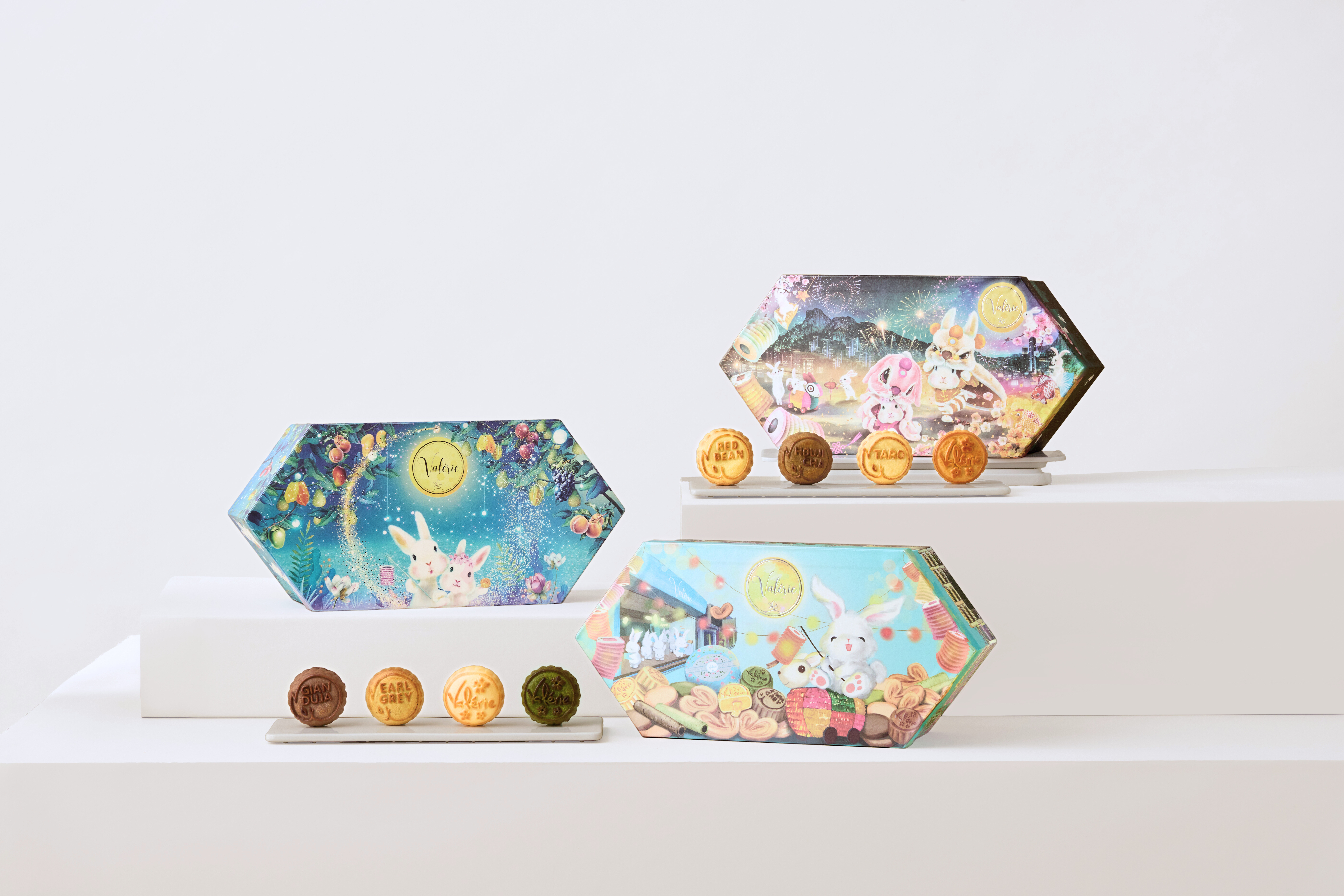 ▲三款九件裝小兔禮盒【大街小兔】、【香港小兔】、【湖畔小兔】，均以本地設計師特別繪畫嘅禮盒包裝。