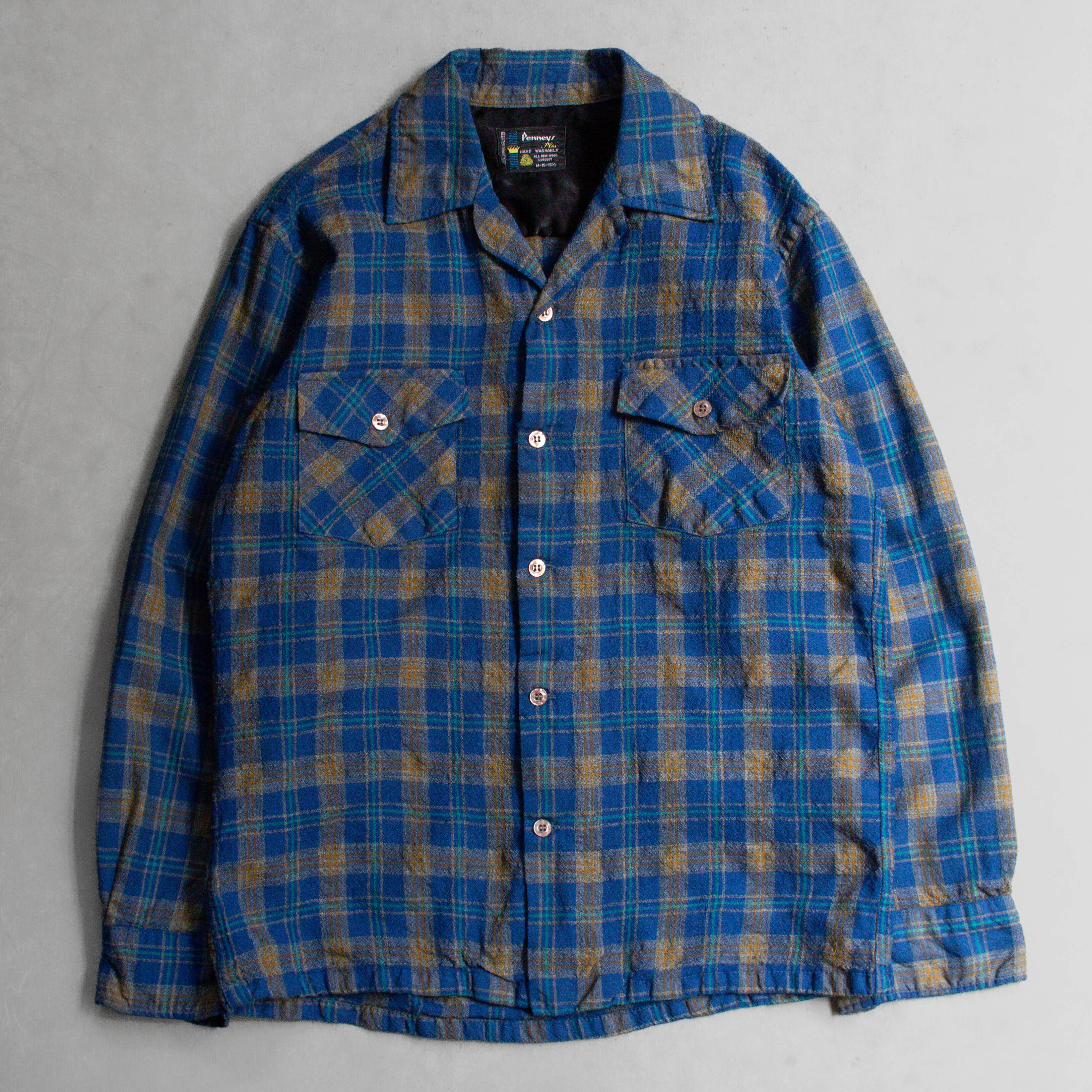 60-70S PENNEYS WOOL OPEN SHIRT 美國 藍色 格紋 羊毛 開領 長袖 襯衫
