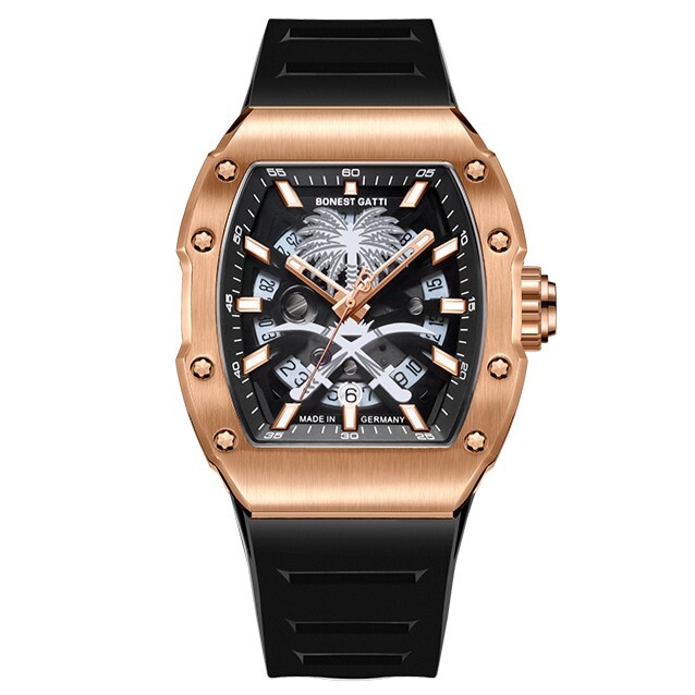 【Bonest Gatti】 Risker 冒險者系列 BG9904 棕櫚樹 機械錶 夜光 酒桶形 雙面鏤空 時間顯示 精細拉絲 機械美學