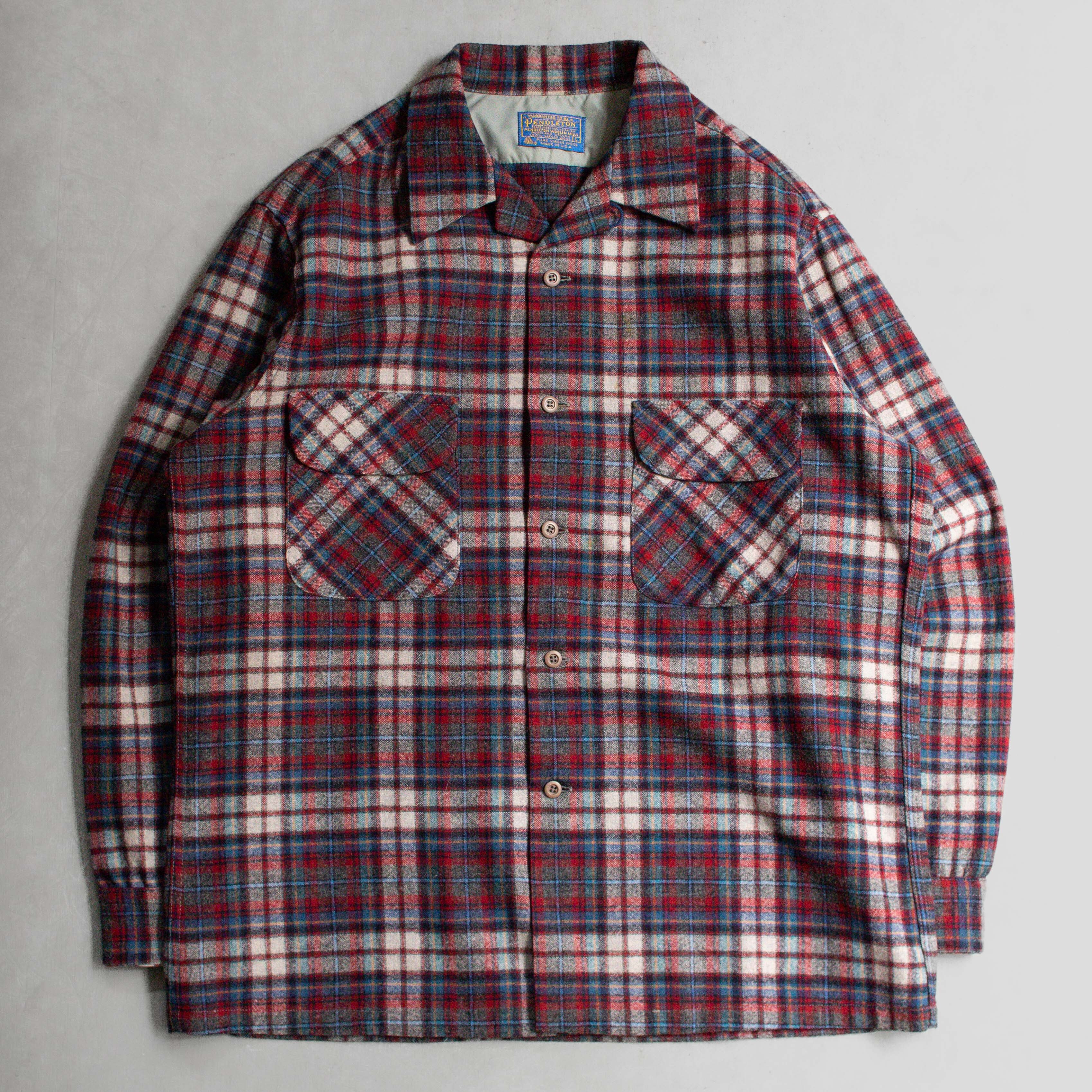 70S PENDLETON WOOL BOARD SHIRT 美國製 紅灰 格紋 羊毛 長袖 開領 襯衫