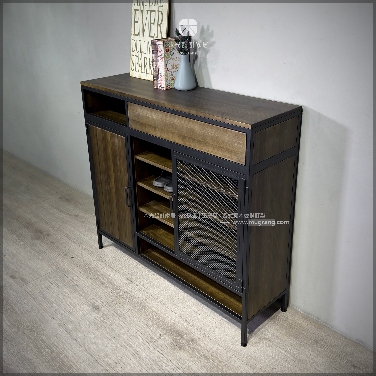 台灣製-LOFT實木雙門鐵網置物鞋櫃 | 可訂製